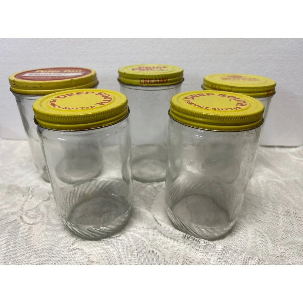 Vintage Peanut Butter Jars Lot of 5 Peter Pan Deep South Kroger Metal Lids Glass